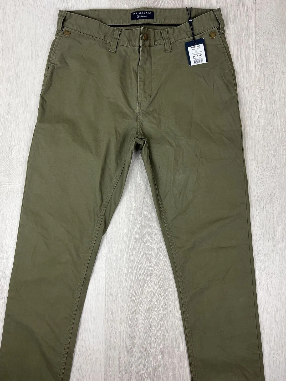 RB Sellars Mens Moulamein Mens Olive Slim Fit Trouser Chinos Size 36 x 34 (New)