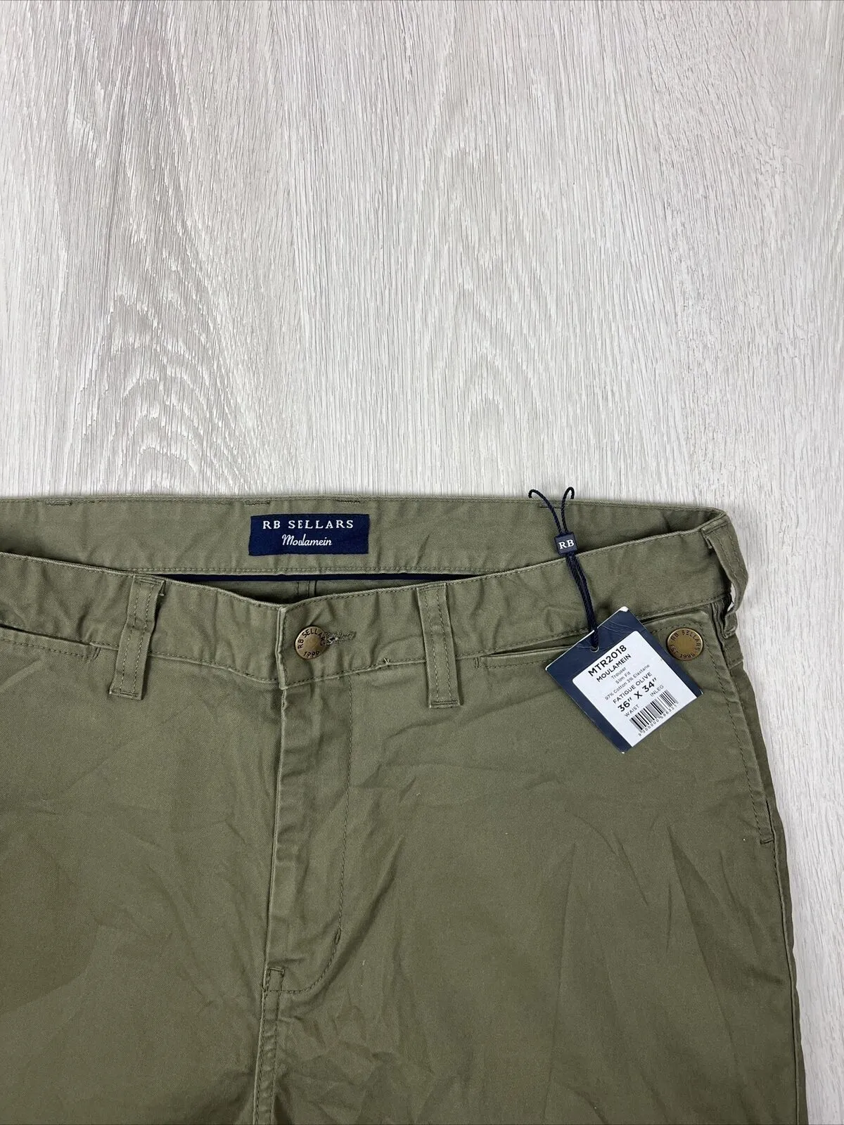 RB Sellars Mens Moulamein Mens Olive Slim Fit Trouser Chinos Size 36 x 34 (New)