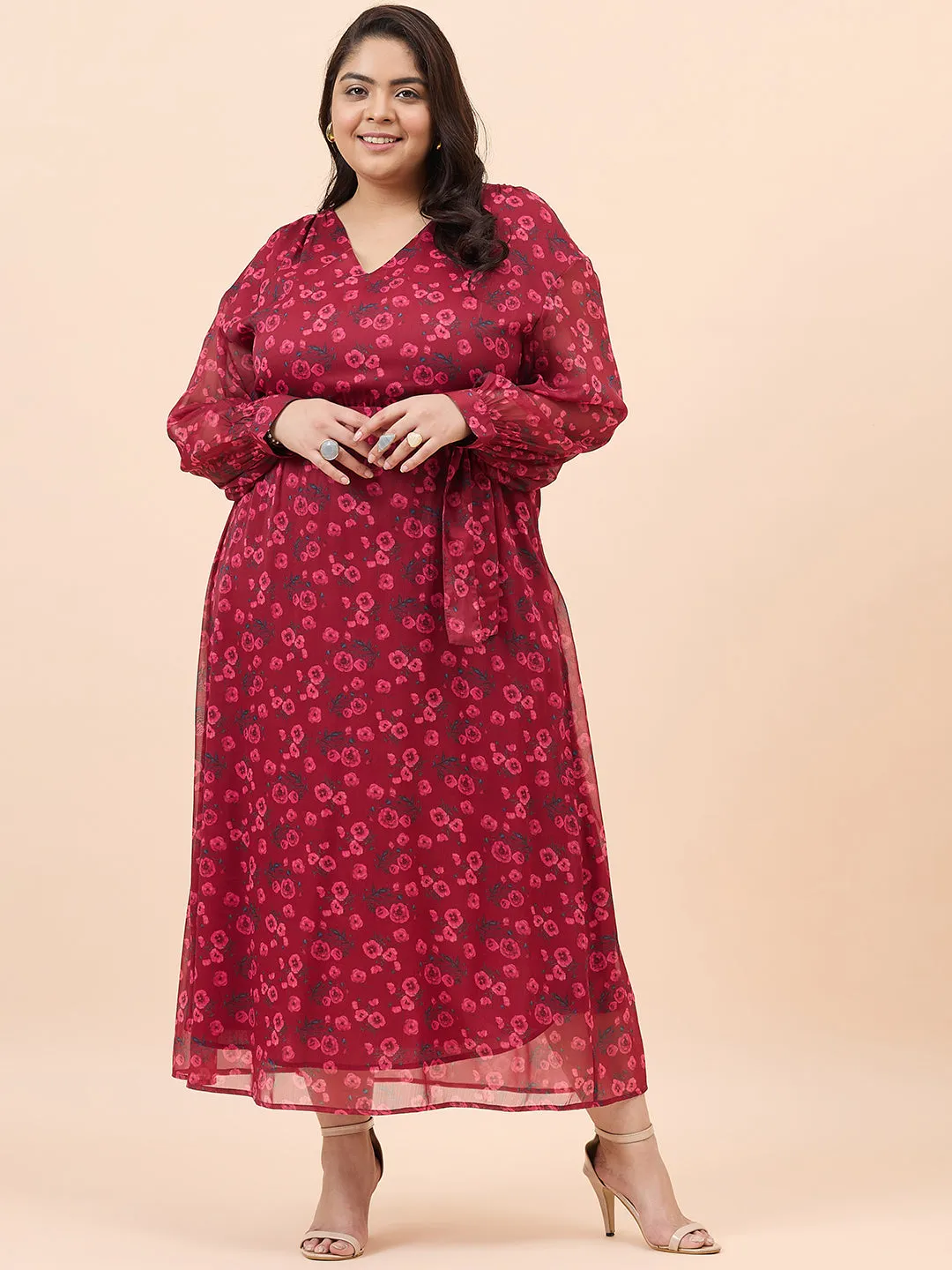 Red Floral Print V-Neck Maxi Dress