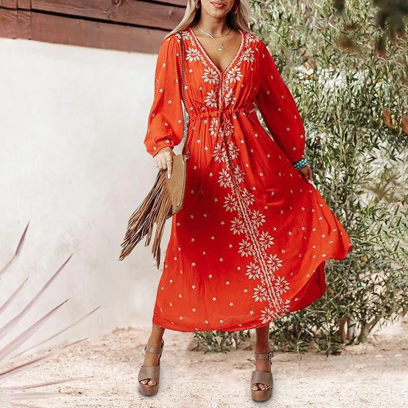 Red Long Sleeves Boho Midi Dresses