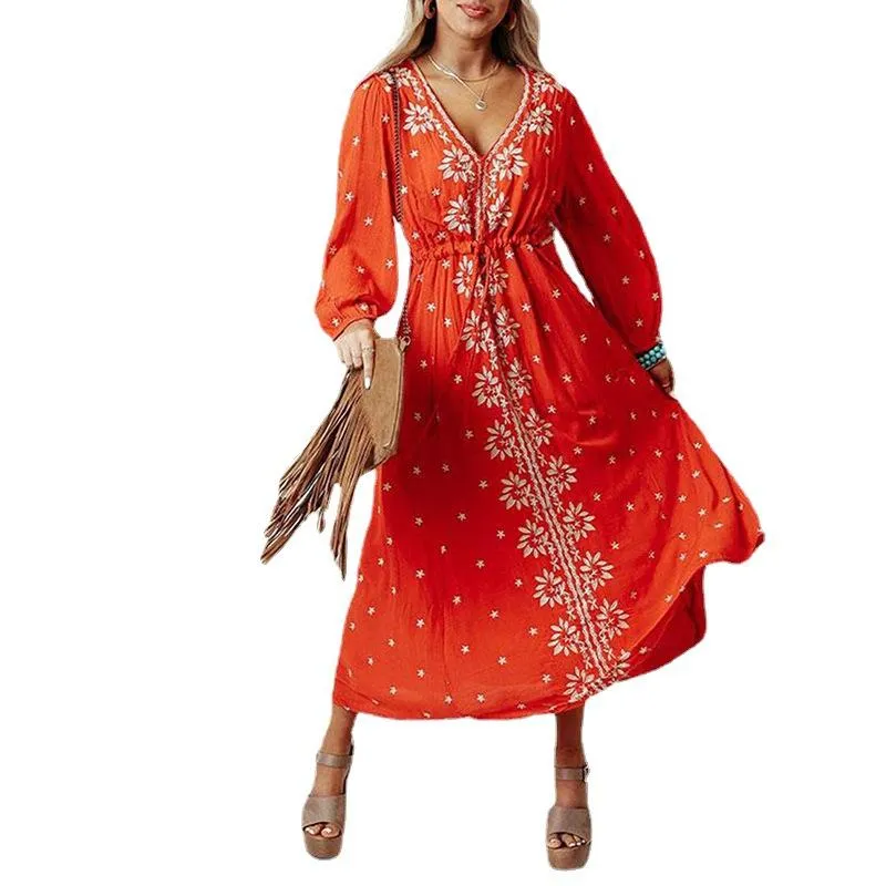 Red Long Sleeves Boho Midi Dresses