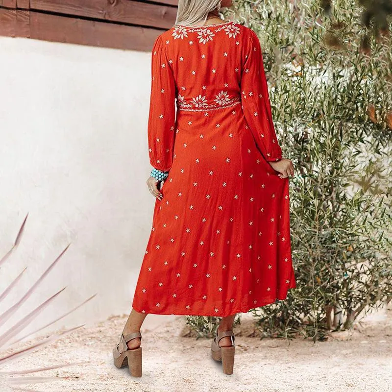 Red Long Sleeves Boho Midi Dresses