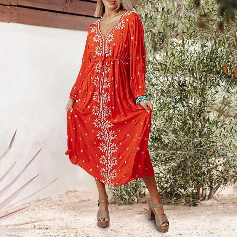 Red Long Sleeves Boho Midi Dresses