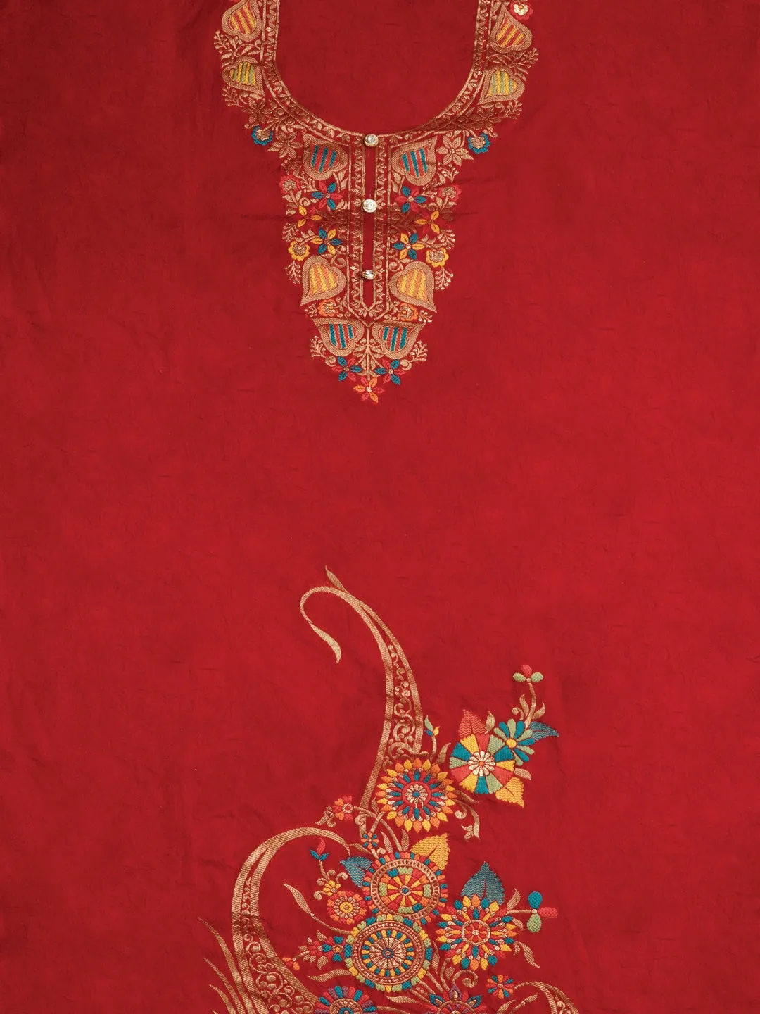 Red Unstitched Zari Silk Blend Dress Material With Dupatta