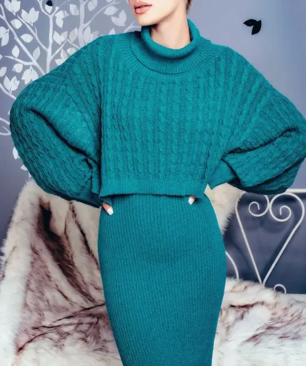 RIBBED MIDI DRESS AND TURTLENECK SWEATER SET