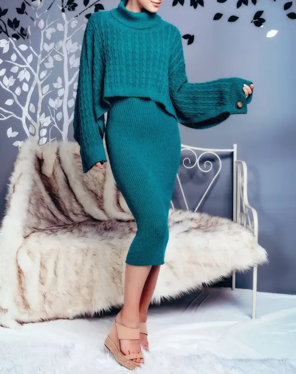 RIBBED MIDI DRESS AND TURTLENECK SWEATER SET