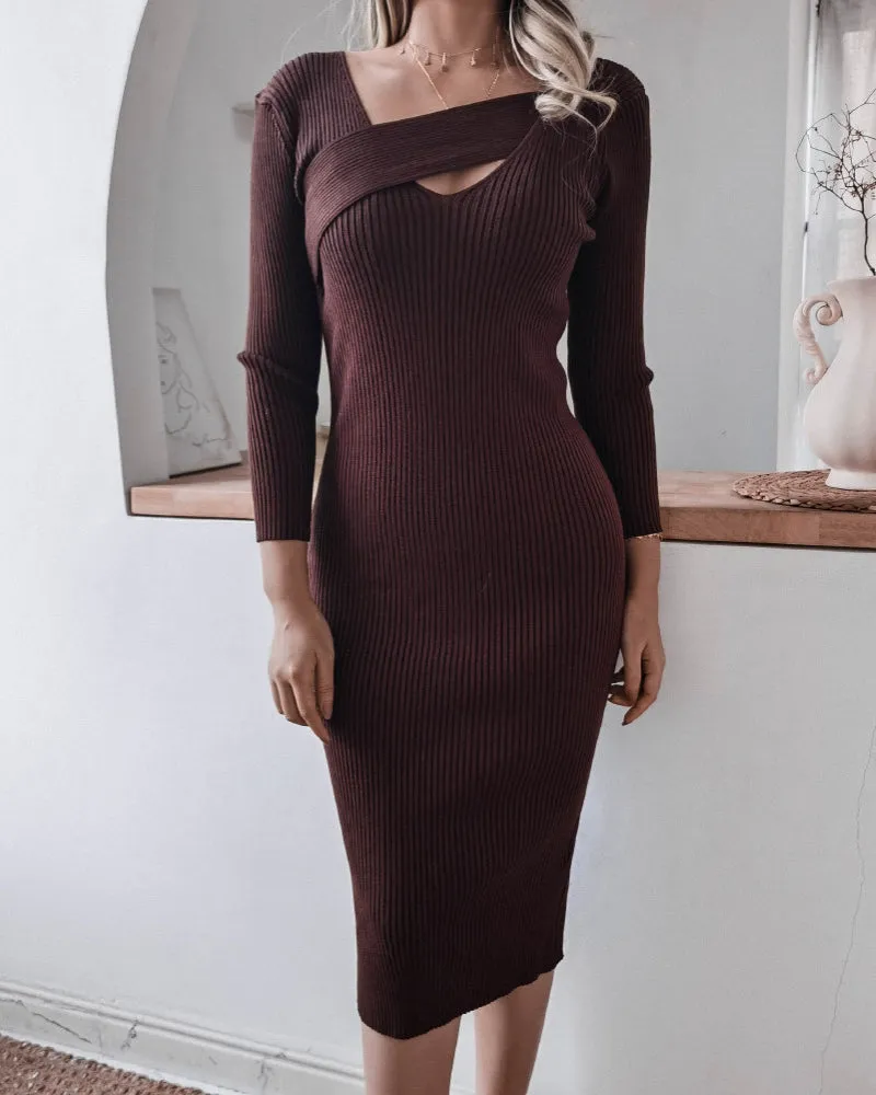 Round Neck Knit Bodycon Sweaters Midi Dresses Brown