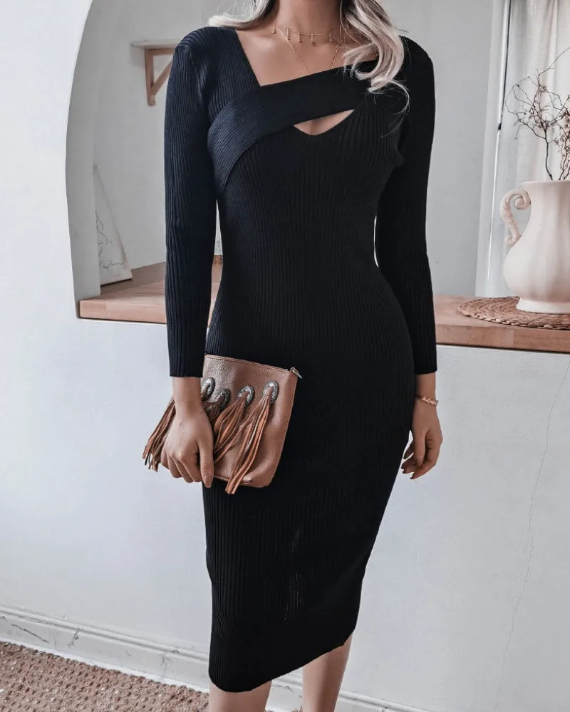 Round Neck Knit Bodycon Sweaters Midi Dresses Brown