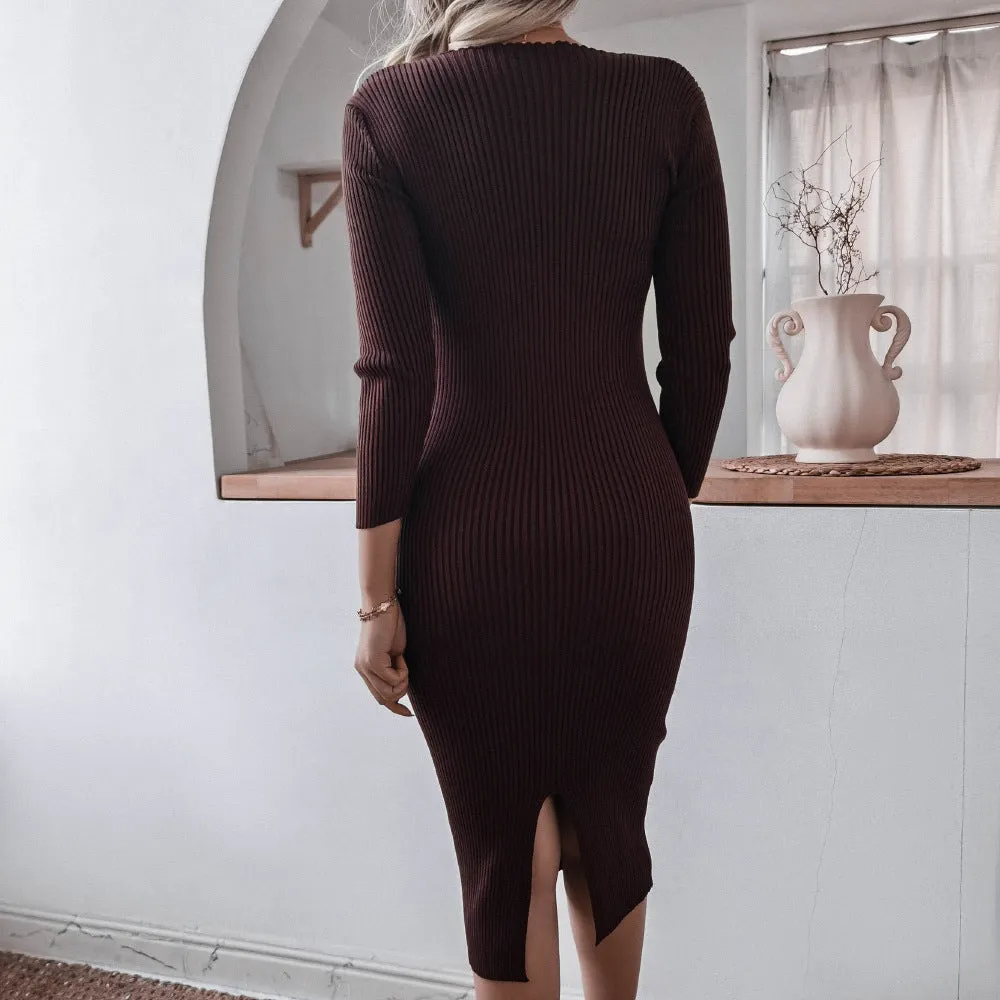 Round Neck Knit Bodycon Sweaters Midi Dresses Brown