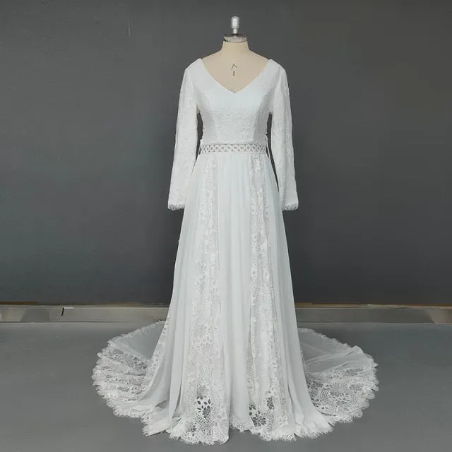 Roycebridal 2022 Beach Boho Elopement Photoshoot Wedding Dress V Neck Lace Chiffon A Line Seaside Long Sleeve Big Sizes Bridal Gown