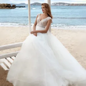 Roycebridal 2022 vestido Boho Wedding Dresses A-line Lace Bodice Off-white Tulle Beach Bridal Gown V-neck Cap Sleeves robe femme mariages