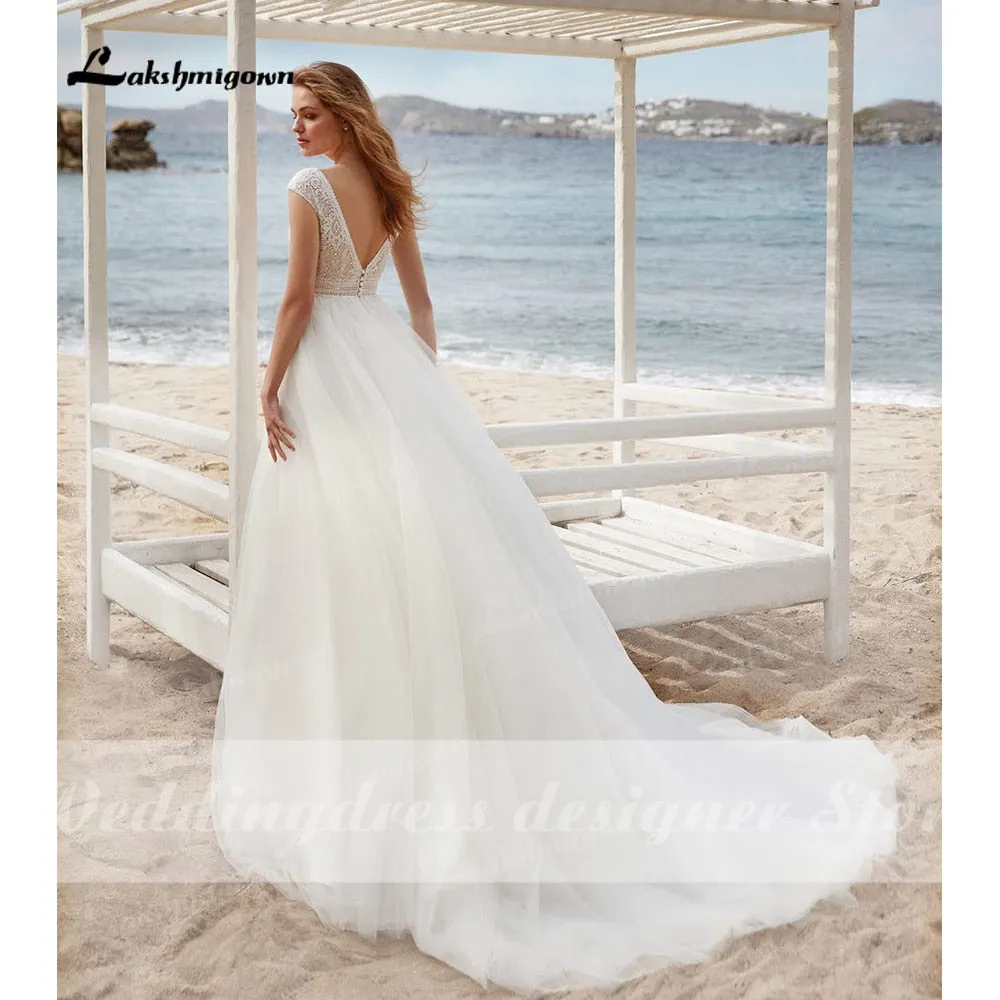 Roycebridal 2022 vestido Boho Wedding Dresses A-line Lace Bodice Off-white Tulle Beach Bridal Gown V-neck Cap Sleeves robe femme mariages
