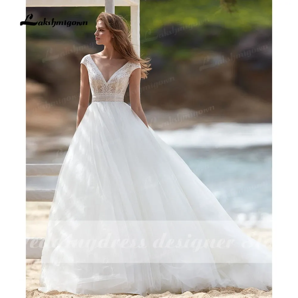 Roycebridal 2022 vestido Boho Wedding Dresses A-line Lace Bodice Off-white Tulle Beach Bridal Gown V-neck Cap Sleeves robe femme mariages