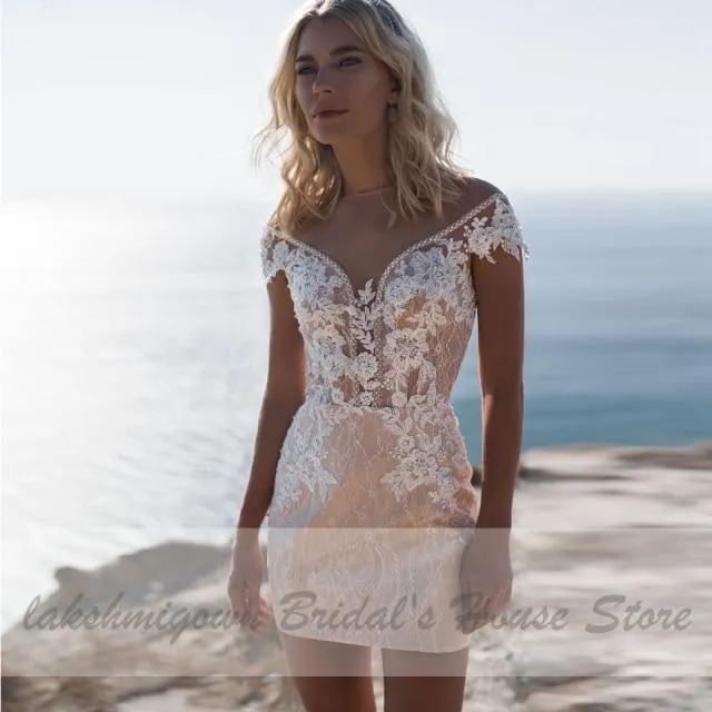 Roycebridal Beach Short Wedding Dress 2 in 1 with Detachable Skirt Sexy Lace