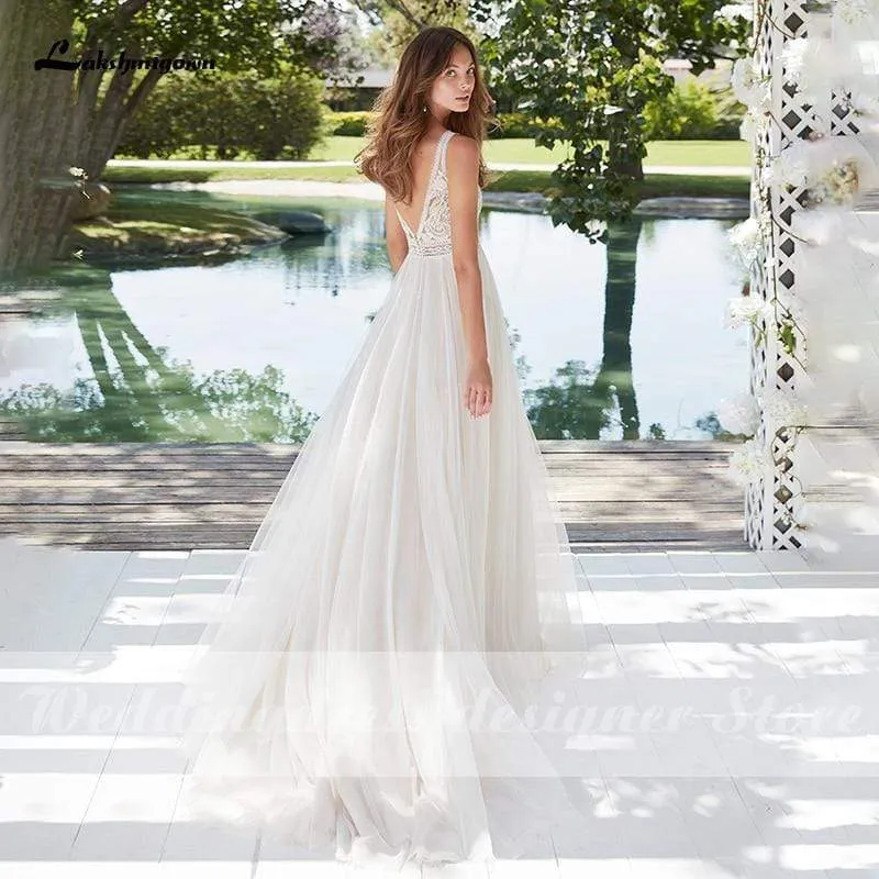 Roycebridal Boho Lace Wedding Dress Sleeveless Beach Bride Dress A-Line