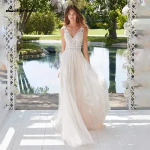 Roycebridal Boho Lace Wedding Dress Sleeveless Beach Bride Dress A-Line