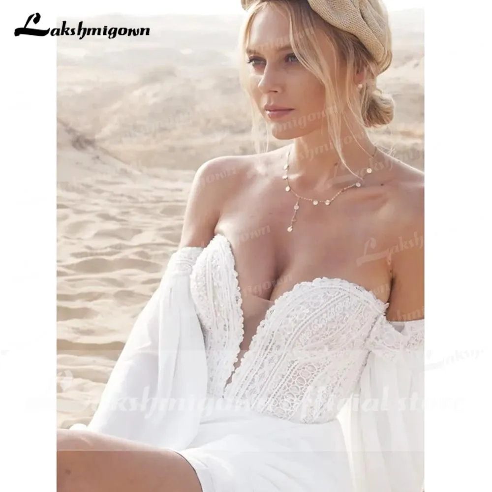 Roycebridal Deep V Neck Lace Chiffon lantern Sleeve Wedding Dresses
