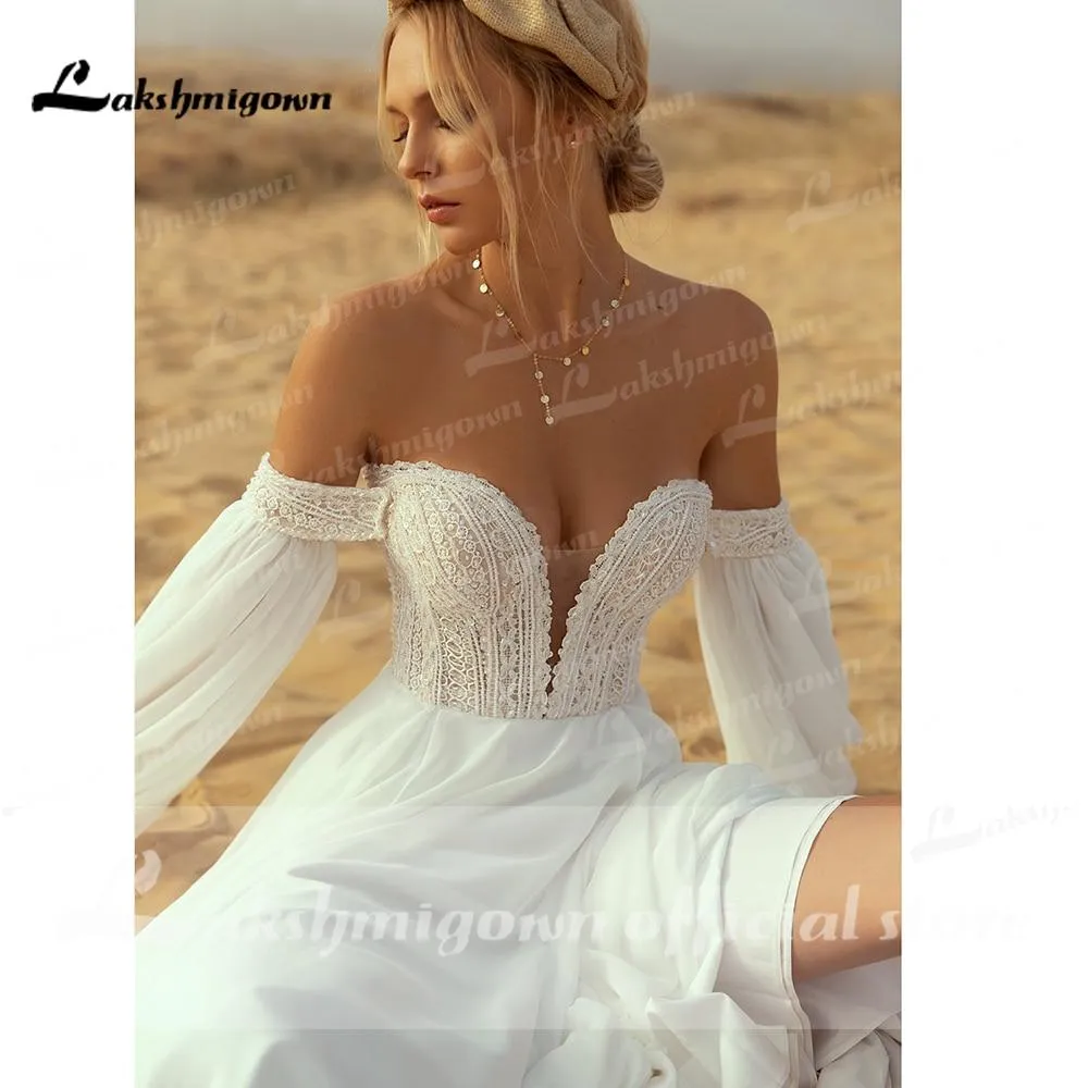 Roycebridal Deep V Neck Lace Chiffon lantern Sleeve Wedding Dresses