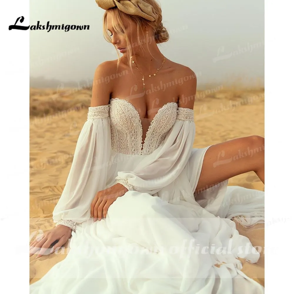 Roycebridal Deep V Neck Lace Chiffon lantern Sleeve Wedding Dresses