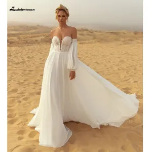 Roycebridal Deep V Neck Lace Chiffon lantern Sleeve Wedding Dresses