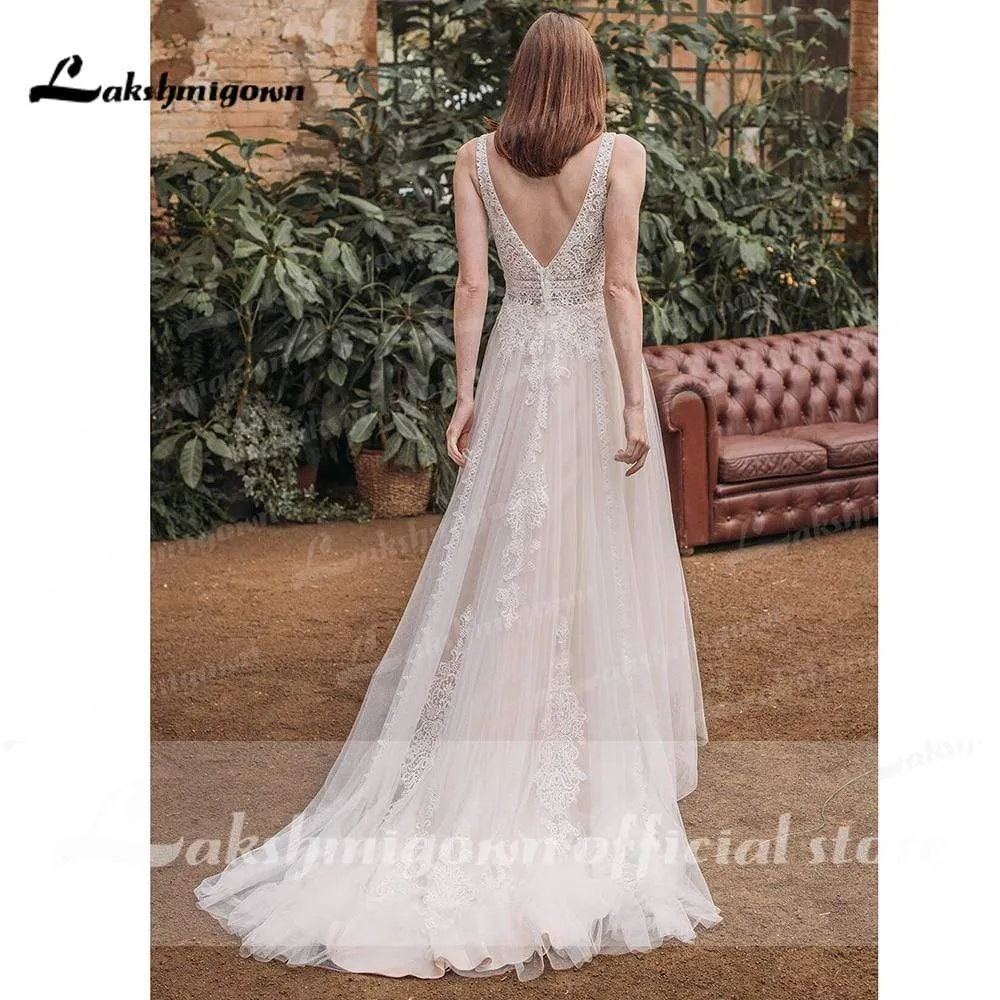 Roycebridal Deep V Neck Sleeveless Backless Lace Tulle Wedding Dresses