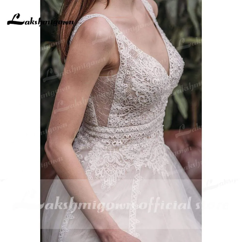 Roycebridal Deep V Neck Sleeveless Backless Lace Tulle Wedding Dresses