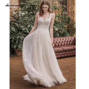 Roycebridal Deep V Neck Sleeveless Backless Lace Tulle Wedding Dresses