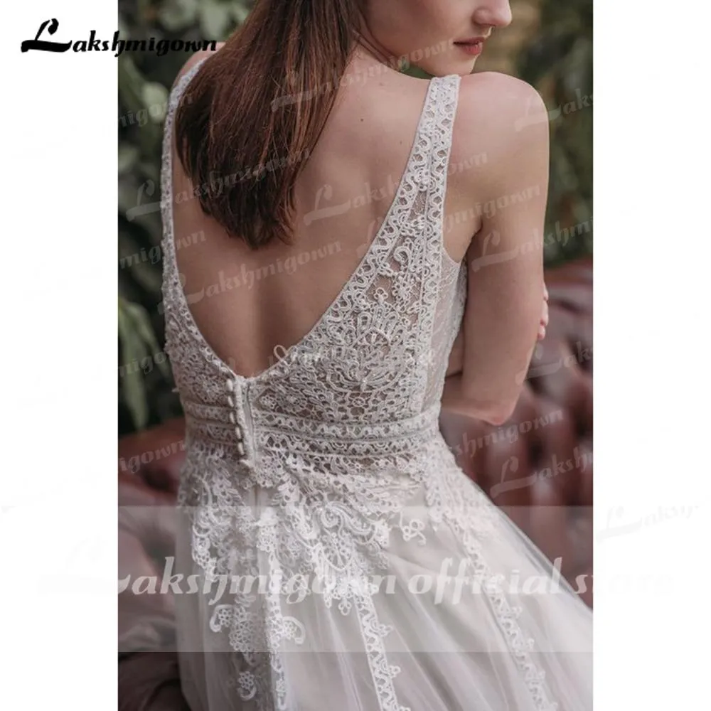 Roycebridal Deep V Neck Sleeveless Backless Lace Tulle Wedding Dresses