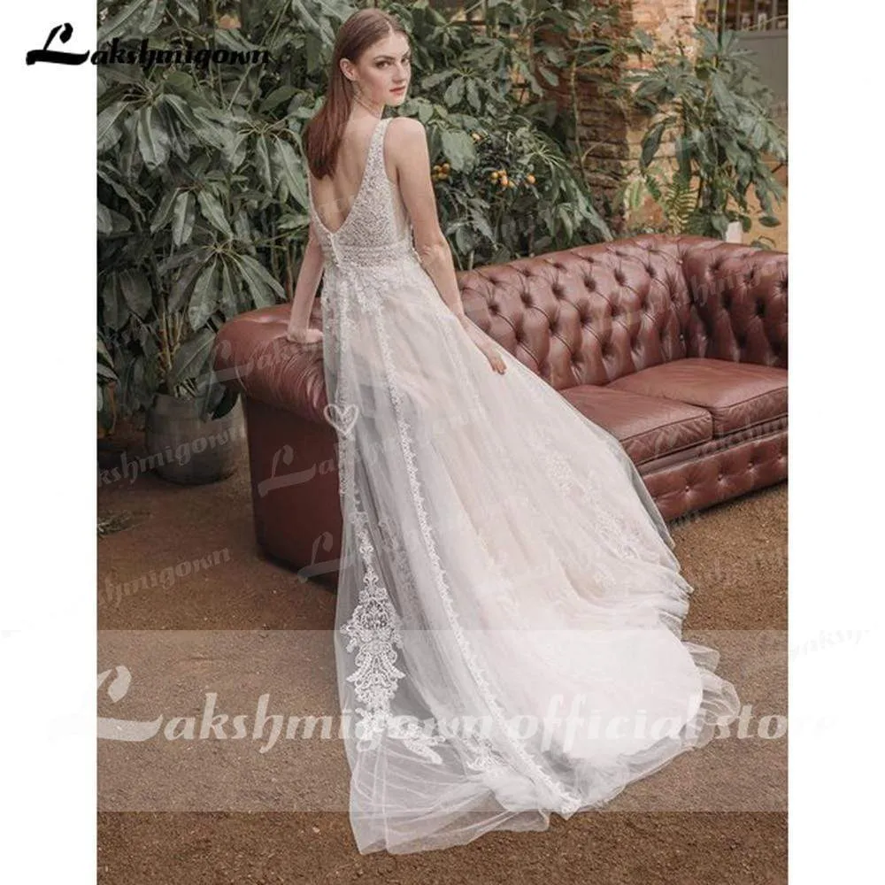 Roycebridal Deep V Neck Sleeveless Backless Lace Tulle Wedding Dresses