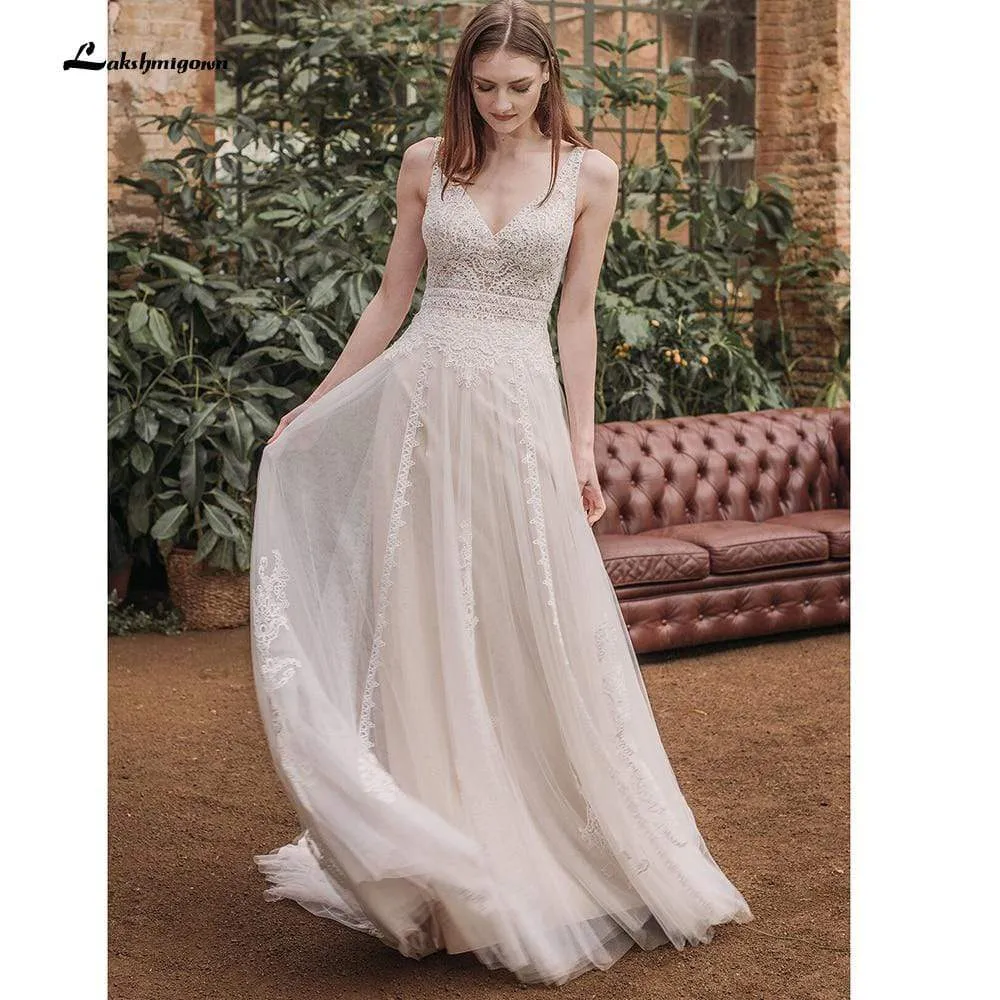 Roycebridal Deep V Neck Sleeveless Backless Lace Tulle Wedding Dresses
