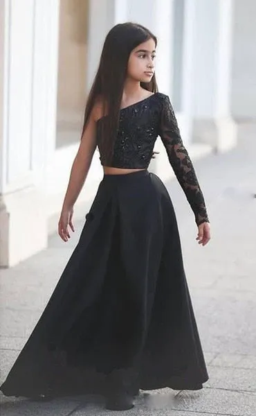 Roycebridal Girls Pageant Dresses Black One Shoulder Long Sleeve Two Piece Kids Prom Dresses A Line Beaded Sexy Flower Girl Arabic robe