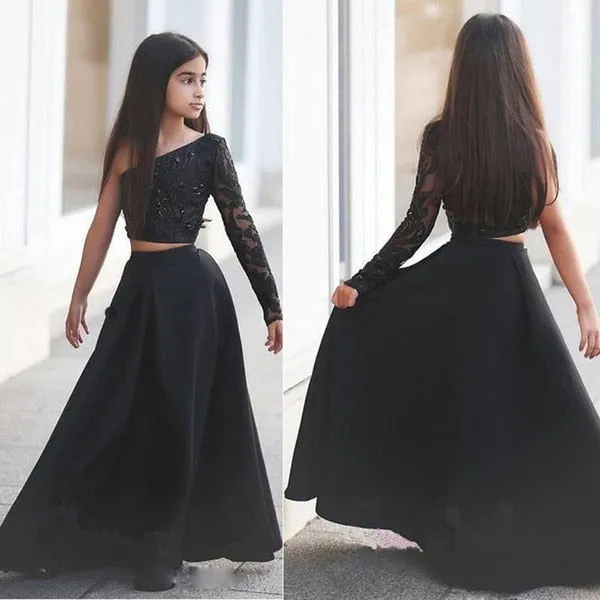 Roycebridal Girls Pageant Dresses Black One Shoulder Long Sleeve Two Piece Kids Prom Dresses A Line Beaded Sexy Flower Girl Arabic robe