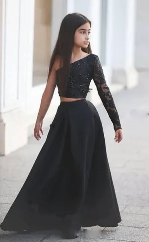 Roycebridal Girls Pageant Dresses Black One Shoulder Long Sleeve Two Piece Kids Prom Dresses A Line Beaded Sexy Flower Girl Arabic robe