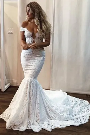 Roycebridal Gorgeous Mermaid Off Shoulder V-neck Court Train Lace Wedding Dresses, MW779