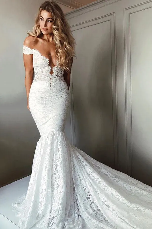Roycebridal Gorgeous Mermaid Off Shoulder V-neck Court Train Lace Wedding Dresses, MW779