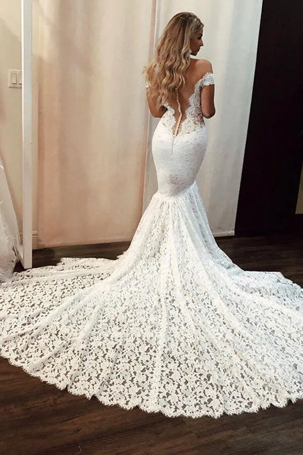 Roycebridal Gorgeous Mermaid Off Shoulder V-neck Court Train Lace Wedding Dresses, MW779