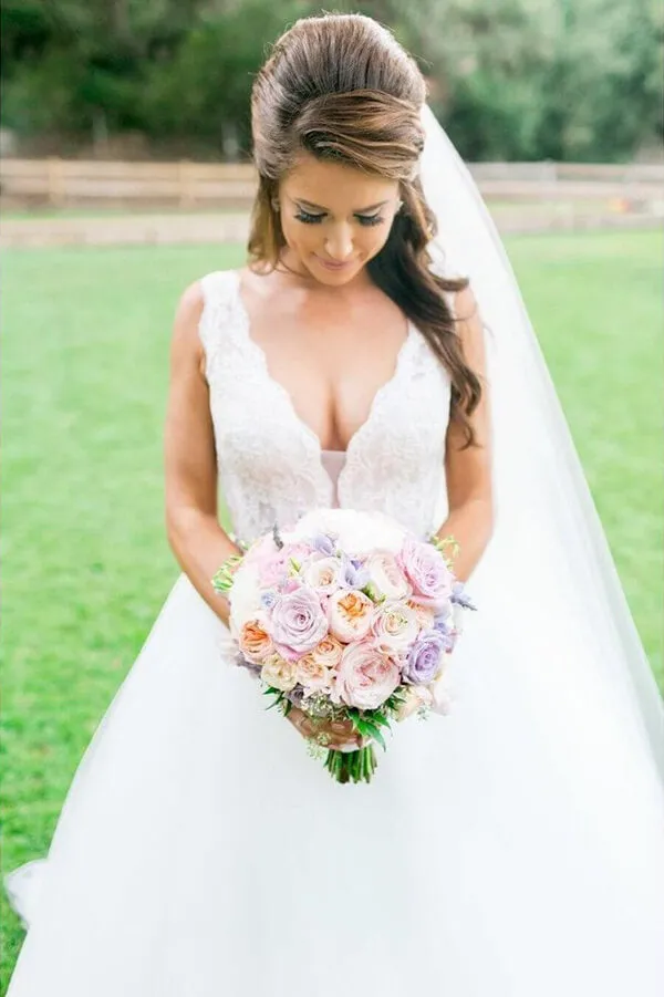 Roycebridal Ivory Tulle Ball Gown V Neck Rhinestone Wedding Dresses, Bridal Gown, MW549