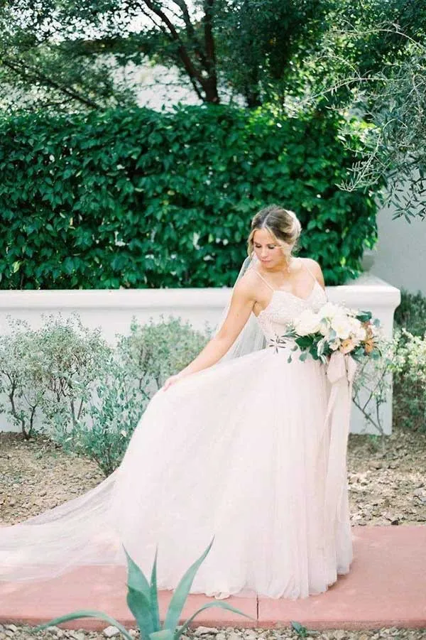Roycebridal Ivory Tulle Beaded Spaghetti Straps Wedding Dress, A-line Wedding Gowns, MW729