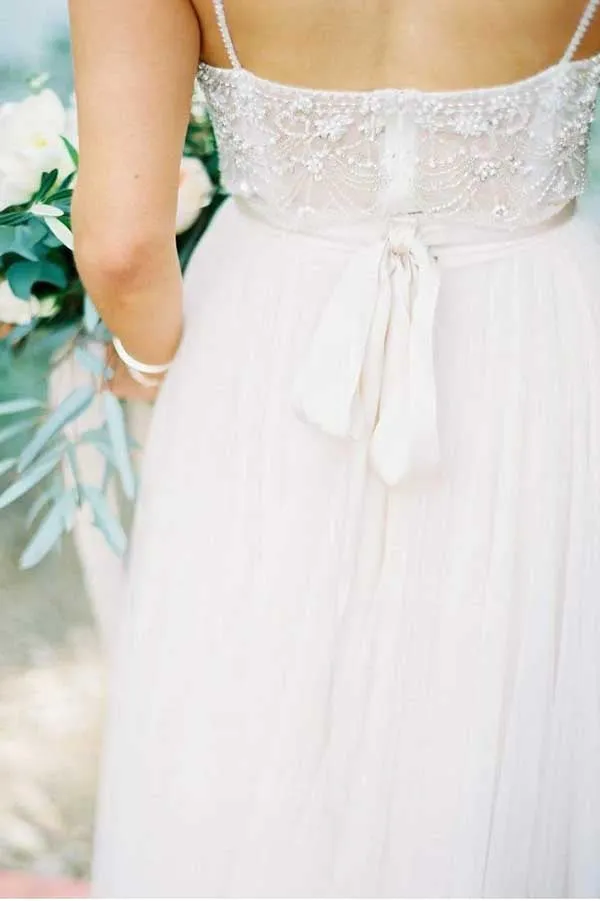 Roycebridal Ivory Tulle Beaded Spaghetti Straps Wedding Dress, A-line Wedding Gowns, MW729