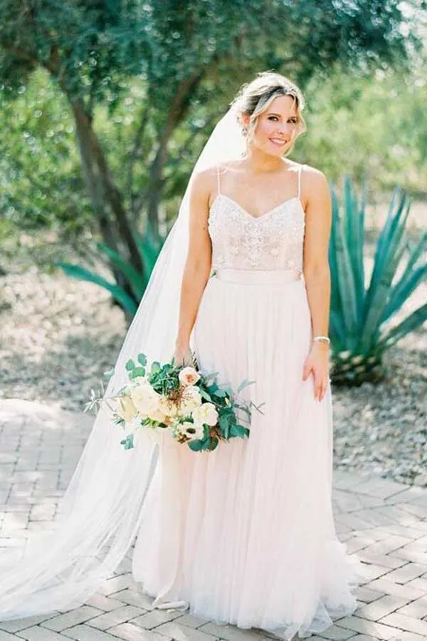 Roycebridal Ivory Tulle Beaded Spaghetti Straps Wedding Dress, A-line Wedding Gowns, MW729