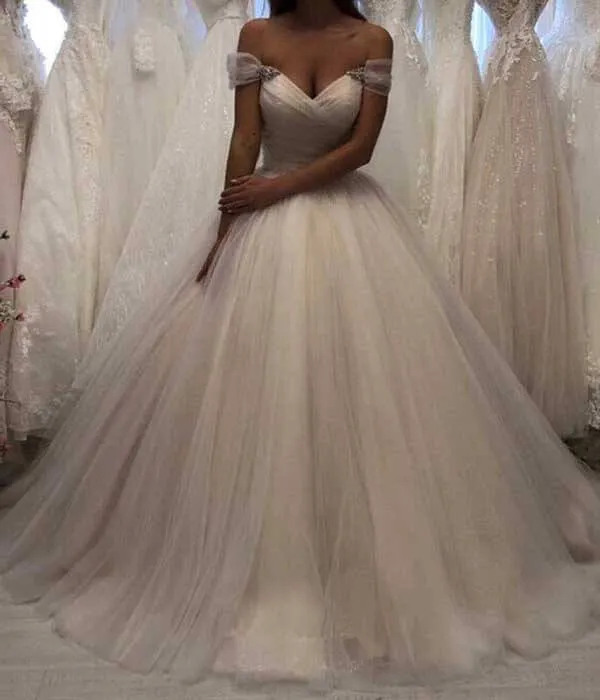 Roycebridal Ivory Tulle Off-the-Shoulder Sweetheart Wedding Dresses, Wedding Gowns, MW732