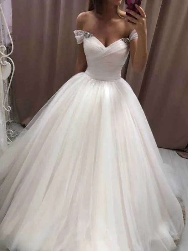 Roycebridal Ivory Tulle Off-the-Shoulder Sweetheart Wedding Dresses, Wedding Gowns, MW732