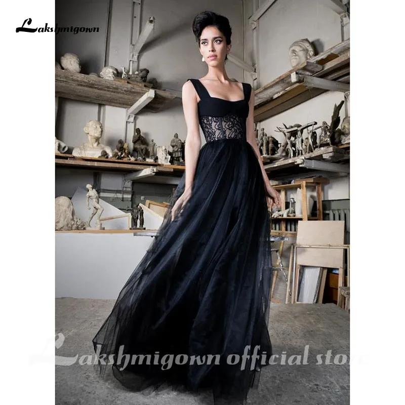 Roycebridal Lakshmigown Custom Made Gothic Black Wedding Dress Sleeveless Floor Length Modest Tulle Black Wedding Gown vestido de novia