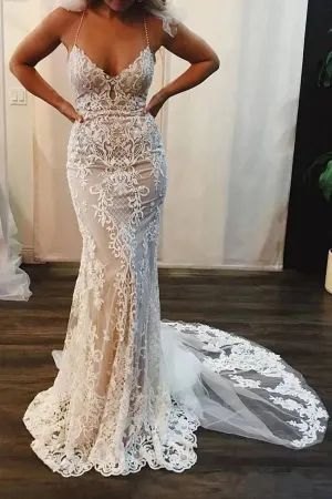 Roycebridal Mermaid Lace Appliques Spaghetti Straps V-Neck Ivory Wedding Dresses,MW311