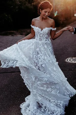 Roycebridal Off the Shoulder Lace Beach Wedding Dresses Rustic Boho Wedding Dress,MW317