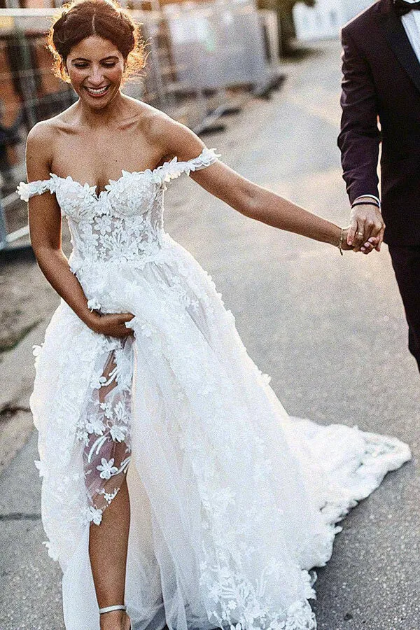 Roycebridal Off the Shoulder Lace Beach Wedding Dresses Rustic Boho Wedding Dress,MW317
