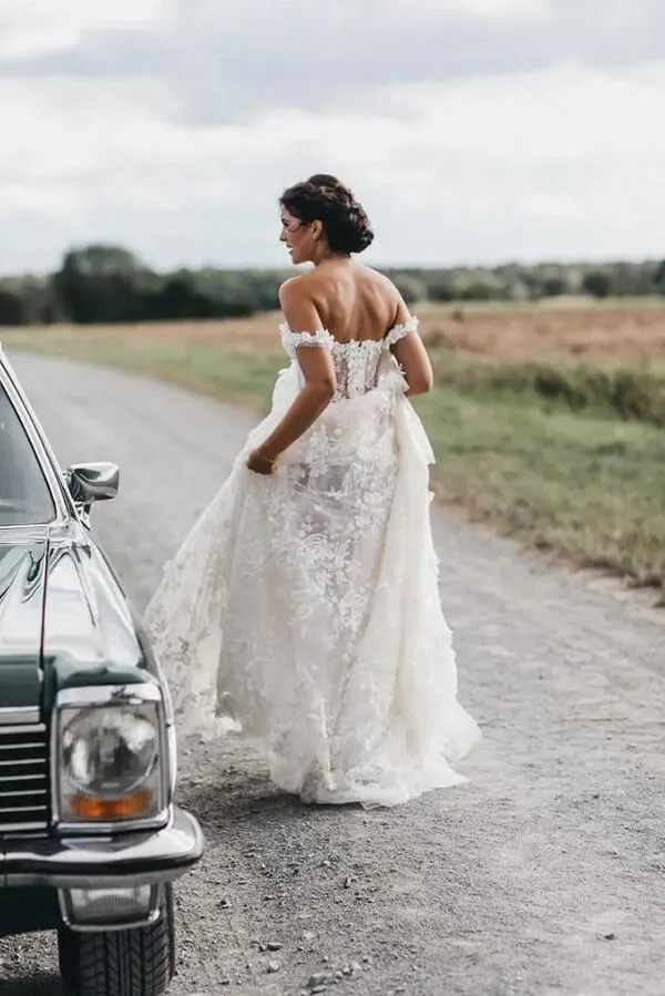 Roycebridal Off the Shoulder Lace Beach Wedding Dresses Rustic Boho Wedding Dress,MW317