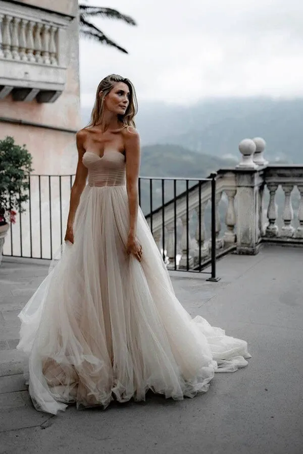 Roycebridal Rustic Tulle Pleated A-line Sweetheart Wedding Dresses, Bridal Gown, MW624
