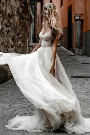Roycebridal Rustic Tulle Pleated A-line Sweetheart Wedding Dresses, Bridal Gown, MW624