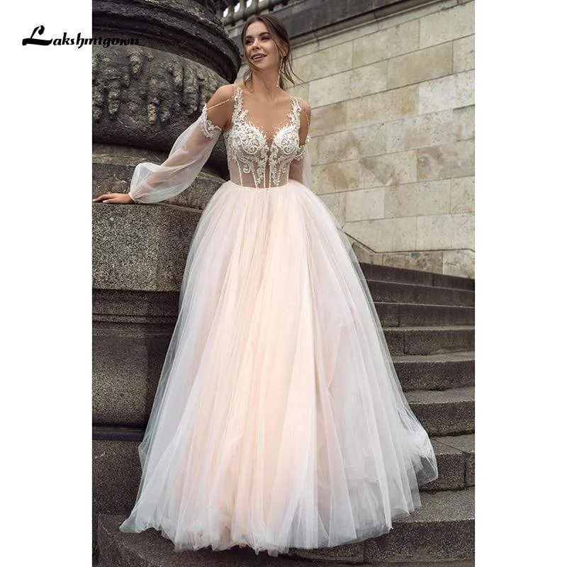 Roycebridal Sexy Boho Pink Wedding Dresses Long Sleeves Buttons Back